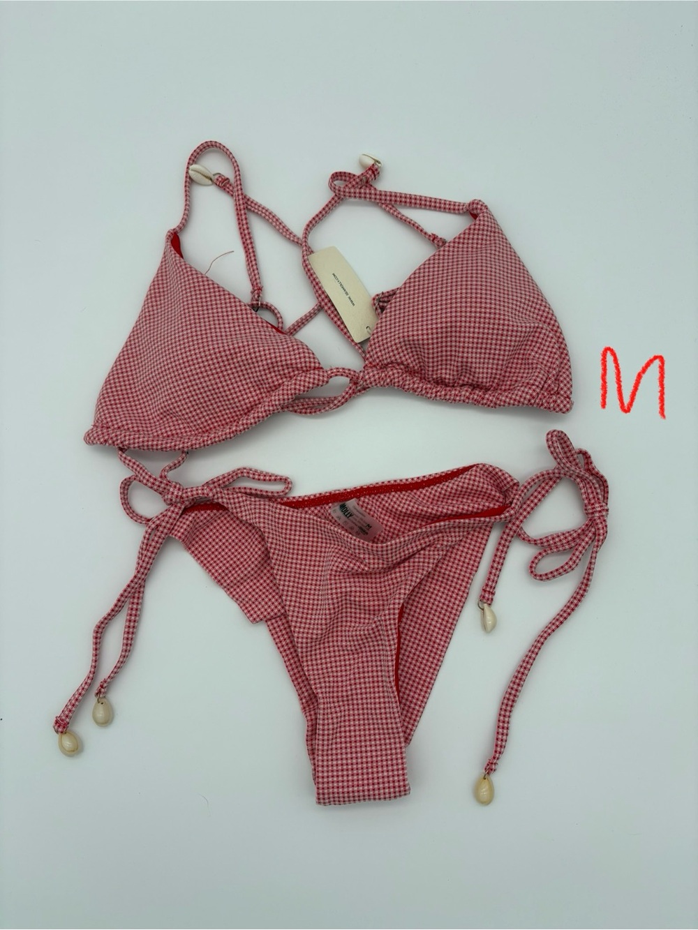 Red Gingham Tie-Side Triangle Bikini Set - Women NWT